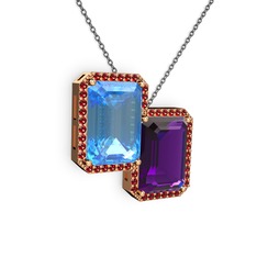 Akuamarin, ametist ve garnet 14 ayar rose altın kolye (40 cm gümüş rolo zincir)