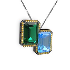 Avis Kolye - Yeşil kuvars, akuamarin ve sitrin 925 ayar siyah rodyum kaplama gümüş kolye (40 cm gümüş rolo zincir) #1j0jub5