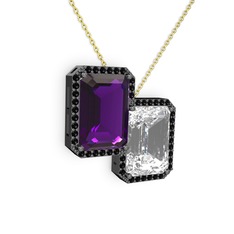 Avis Kolye - Ametist, beyaz zirkon ve siyah zirkon 925 ayar siyah rodyum kaplama gümüş kolye (40 cm gümüş rolo zincir) #1j4uj1e