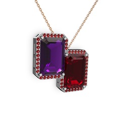 Ametist ve garnet 14 ayar beyaz altın kolye (40 cm rose altın rolo zincir)