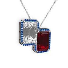 Beyaz zirkon, garnet ve lab safir 14 ayar beyaz altın kolye (40 cm beyaz altın rolo zincir)