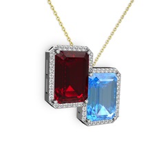 Garnet, akuamarin ve swarovski 925 ayar gümüş kolye (40 cm altın rolo zincir)