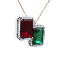 Garnet, yeşil kuvars ve akuamarin 14 ayar beyaz altın kolye (40 cm rose altın rolo zincir)