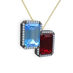 Akuamarin ve garnet 925 ayar siyah rodyum kaplama gümüş kolye (40 cm altın rolo zincir)