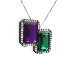 Ametist, yeşil kuvars ve swarovski 925 ayar siyah rodyum kaplama gümüş kolye (40 cm gümüş rolo zincir)