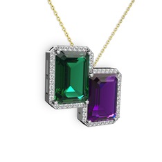 Yeşil kuvars, ametist ve swarovski 14 ayar beyaz altın kolye (40 cm altın rolo zincir)