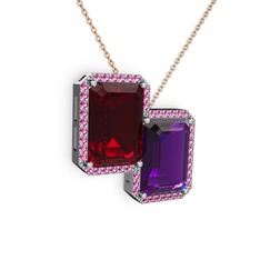 Garnet, ametist ve rodolit garnet 14 ayar beyaz altın kolye (40 cm rose altın rolo zincir)