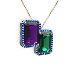 Avis Kolye - Ametist, yeşil kuvars ve lab safir 925 ayar gümüş kolye (40 cm rose altın rolo zincir) #1nmr856