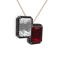 Beyaz zirkon, garnet ve siyah zirkon 925 ayar siyah rodyum kaplama gümüş kolye (40 cm rose altın rolo zincir)