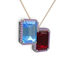 Akuamarin, garnet ve ametist 14 ayar beyaz altın kolye (40 cm rose altın rolo zincir)