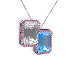 Beyaz zirkon, akuamarin ve rodolit garnet 14 ayar beyaz altın kolye (40 cm beyaz altın rolo zincir)