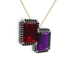 Avis Kolye - Garnet, ametist ve siyah zirkon 14 ayar beyaz altın kolye (40 cm gümüş rolo zincir) #1p9o55w