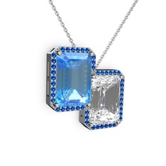 Avis Kolye - Akuamarin, beyaz zirkon ve lab safir 18 ayar beyaz altın kolye (40 cm beyaz altın rolo zincir) #1plzu07