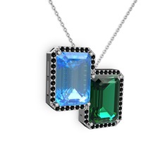 Avis Kolye - Akuamarin, yeşil kuvars ve siyah zirkon 18 ayar beyaz altın kolye (40 cm gümüş rolo zincir) #1q12ks1