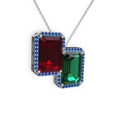 Garnet, yeşil kuvars ve lab safir 14 ayar beyaz altın kolye (40 cm beyaz altın rolo zincir)