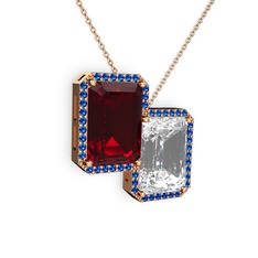 Garnet, beyaz zirkon ve lab safir 18 ayar rose altın kolye (40 cm rose altın rolo zincir)