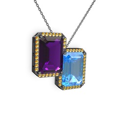 Avis Kolye - Ametist, akuamarin ve sitrin 925 ayar siyah rodyum kaplama gümüş kolye (40 cm gümüş rolo zincir) #1r36syk