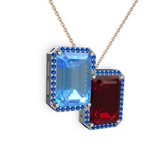 Akuamarin, garnet ve lab safir 925 ayar gümüş kolye (40 cm rose altın rolo zincir)