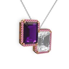 Ametist, beyaz zirkon ve rodolit garnet 8 ayar rose altın kolye (40 cm beyaz altın rolo zincir)