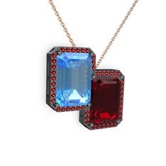 Avis Kolye - Akuamarin ve garnet 925 ayar siyah rodyum kaplama gümüş kolye (40 cm rose altın rolo zincir) #1rjhk8p