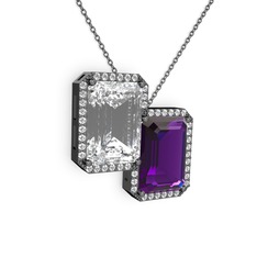Avis Kolye - Beyaz zirkon, ametist ve swarovski 925 ayar siyah rodyum kaplama gümüş kolye (40 cm gümüş rolo zincir) #1sch380