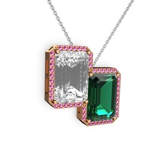 Beyaz zirkon, yeşil kuvars ve rodolit garnet 8 ayar rose altın kolye (40 cm beyaz altın rolo zincir)