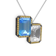 Avis Kolye - Akuamarin, beyaz zirkon ve sitrin 925 ayar siyah rodyum kaplama gümüş kolye (40 cm beyaz altın rolo zincir) #1t0dk7o