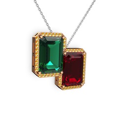Yeşil kuvars, garnet ve sitrin 8 ayar rose altın kolye (40 cm beyaz altın rolo zincir)