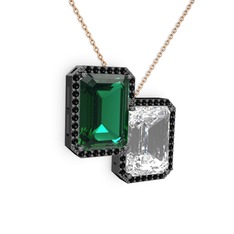 Yeşil kuvars, beyaz zirkon ve siyah zirkon 925 ayar siyah rodyum kaplama gümüş kolye (40 cm rose altın rolo zincir)