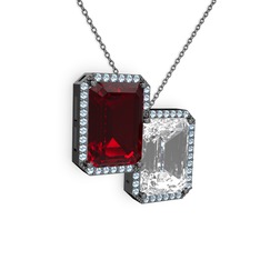 Avis Kolye - Garnet, beyaz zirkon ve akuamarin 925 ayar siyah rodyum kaplama gümüş kolye (40 cm gümüş rolo zincir) #1te5b9e