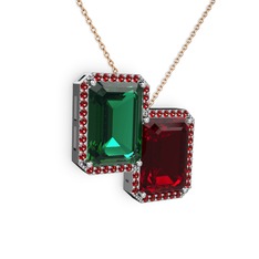 Yeşil kuvars ve garnet 14 ayar beyaz altın kolye (40 cm rose altın rolo zincir)