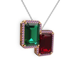 Yeşil kuvars, garnet ve ametist 14 ayar rose altın kolye (40 cm beyaz altın rolo zincir)