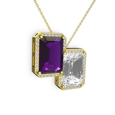 Ametist, beyaz zirkon ve swarovski 925 ayar altın kaplama gümüş kolye (40 cm gümüş rolo zincir)