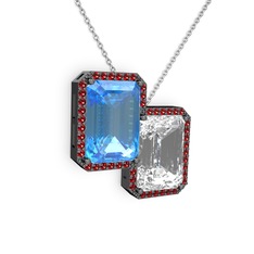 Akuamarin, beyaz zirkon ve garnet 925 ayar siyah rodyum kaplama gümüş kolye (40 cm beyaz altın rolo zincir)