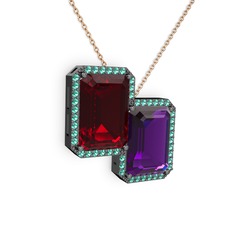 Avis Kolye - Garnet, ametist ve yeşil kuvars 925 ayar siyah rodyum kaplama gümüş kolye (40 cm rose altın rolo zincir) #1wk0aj