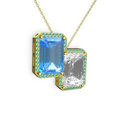 Avis Kolye - Akuamarin, beyaz zirkon ve yeşil kuvars 18 ayar altın kolye (40 cm altın rolo zincir) #1xee2q4