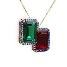Yeşil kuvars, garnet ve lab safir 925 ayar rose altın kaplama gümüş kolye (40 cm altın rolo zincir)