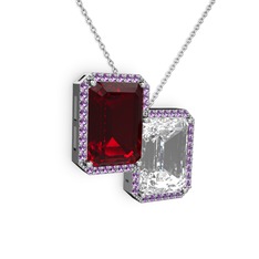 Garnet, beyaz zirkon ve ametist 8 ayar beyaz altın kolye (40 cm beyaz altın rolo zincir)