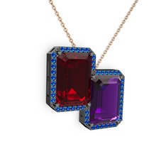 Garnet, ametist ve lab safir 925 ayar siyah rodyum kaplama gümüş kolye (40 cm rose altın rolo zincir)