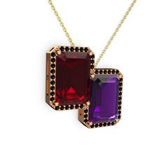 Avis Kolye - Garnet, ametist ve siyah zirkon 8 ayar rose altın kolye (40 cm gümüş rolo zincir) #20tgtb