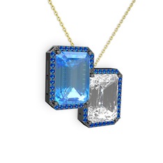 Avis Kolye - Akuamarin, beyaz zirkon ve lab safir 925 ayar siyah rodyum kaplama gümüş kolye (40 cm altın rolo zincir) #2gxy0h