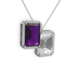 Ametist, beyaz zirkon ve swarovski 8 ayar beyaz altın kolye (40 cm beyaz altın rolo zincir)