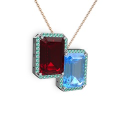 Garnet, akuamarin ve yeşil kuvars 18 ayar beyaz altın kolye (40 cm rose altın rolo zincir)