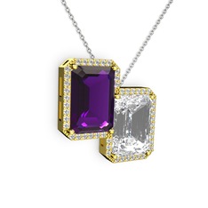 Avis Kolye - Ametist, beyaz zirkon ve swarovski 925 ayar altın kaplama gümüş kolye (40 cm beyaz altın rolo zincir) #2togj5