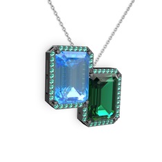 Akuamarin ve yeşil kuvars 925 ayar siyah rodyum kaplama gümüş kolye (40 cm beyaz altın rolo zincir)