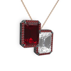 Garnet ve beyaz zirkon 925 ayar siyah rodyum kaplama gümüş kolye (40 cm rose altın rolo zincir)
