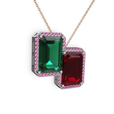 Yeşil kuvars, garnet ve rodolit garnet 18 ayar beyaz altın kolye (40 cm rose altın rolo zincir)