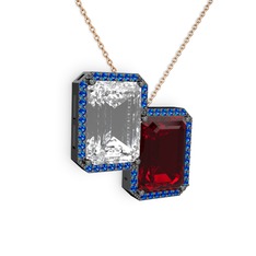 Avis Kolye - Beyaz zirkon, garnet ve lab safir 925 ayar siyah rodyum kaplama gümüş kolye (40 cm rose altın rolo zincir) #4tmjps