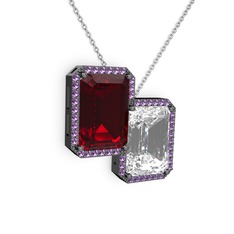 Avis Kolye - Garnet, beyaz zirkon ve ametist 925 ayar siyah rodyum kaplama gümüş kolye (40 cm beyaz altın rolo zincir) #54p8v4