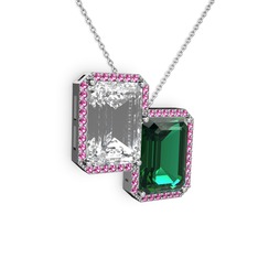 Beyaz zirkon, yeşil kuvars ve rodolit garnet 14 ayar beyaz altın kolye (40 cm beyaz altın rolo zincir)